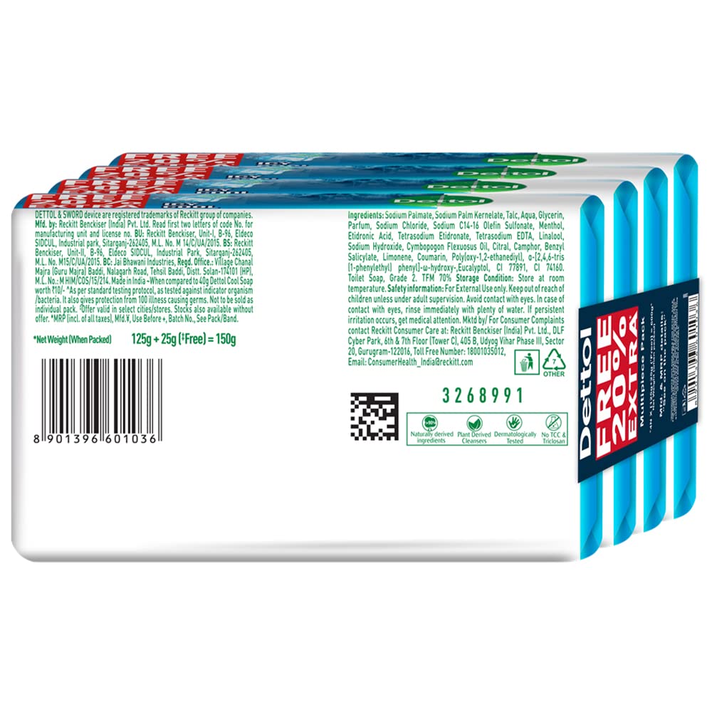 Dettol Icy Cool Bathing Soap Bar With 2x Menthol (600gm), 125gm + 20% Extra Free, Pack of 4