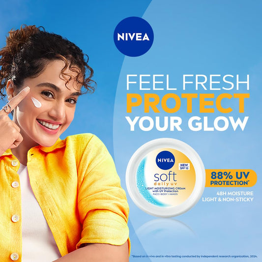NIVEA Soft Daily SPF 15 Moisturizer | 88% UV Protection | Face & Body Cream for Healthy Glow in 5 Days | No White Cast | Vitamin E & Shea Butter | Lightweight, Quick Absorbing | 72H Hydration | 300ml