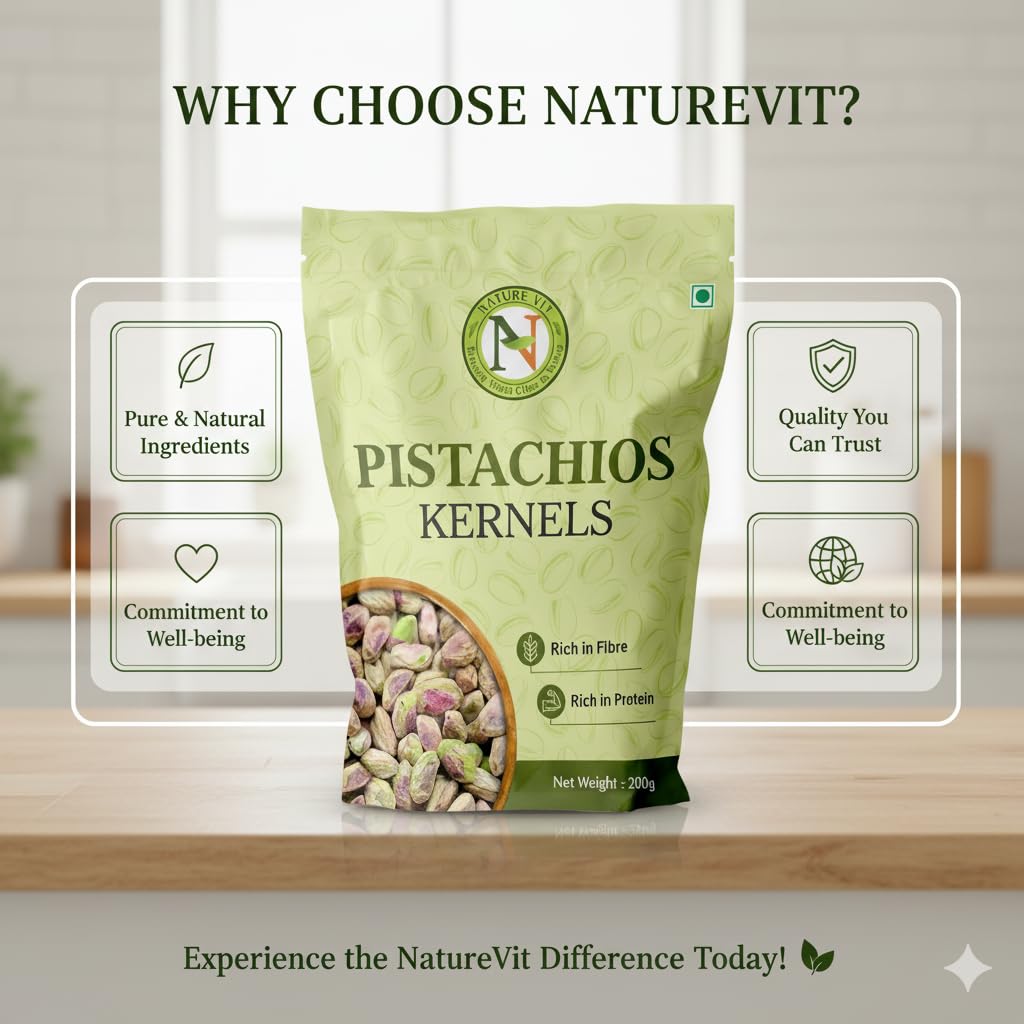 NatureVit Pistachios Kernels without Shell, 200g | Premium Jumbo Size Mota Pista Kernels | High Protein & Fiber Snack | Crunchy & Fresh