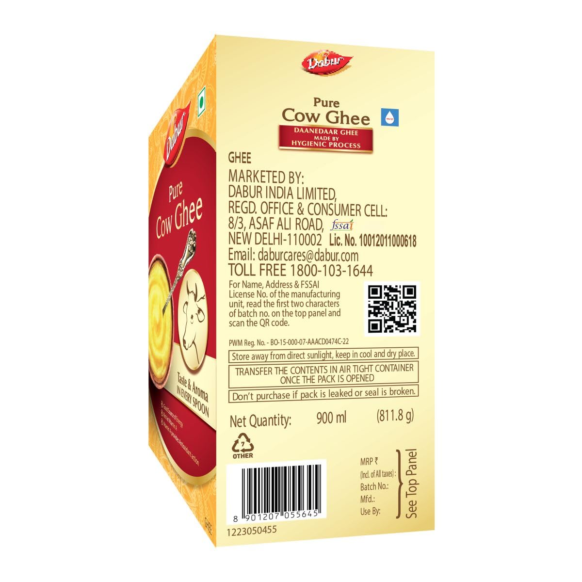 Dabur Pure Cow Ghee - 900 ML | Daanedaar with Rich Aroma | Rich in Vitamin A | Provides Energy/Source of Energy