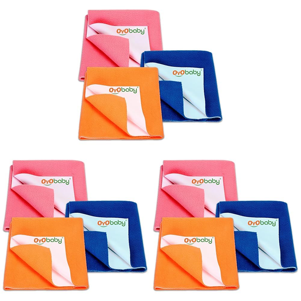 OYO BABY Anti-Piling Fleece Extra Absorbent Instant Dry Sheet for Baby, Baby Bed Protector, Waterproof Sheet, Small Size 50x70cm, Pack of 9, Salmon Rose, Royal Blue & Peach