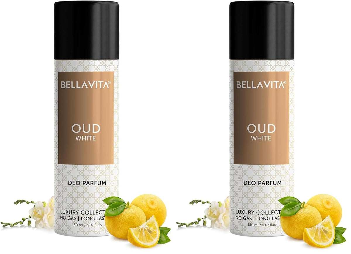 Bella Vita Luxury Oud White No Gas Body Spray Deodorant Parfum For Men With Orange, Fressia & Tobacco | Woody Long Lasting Body Perfume Deo 150 Ml (Pack of 2)