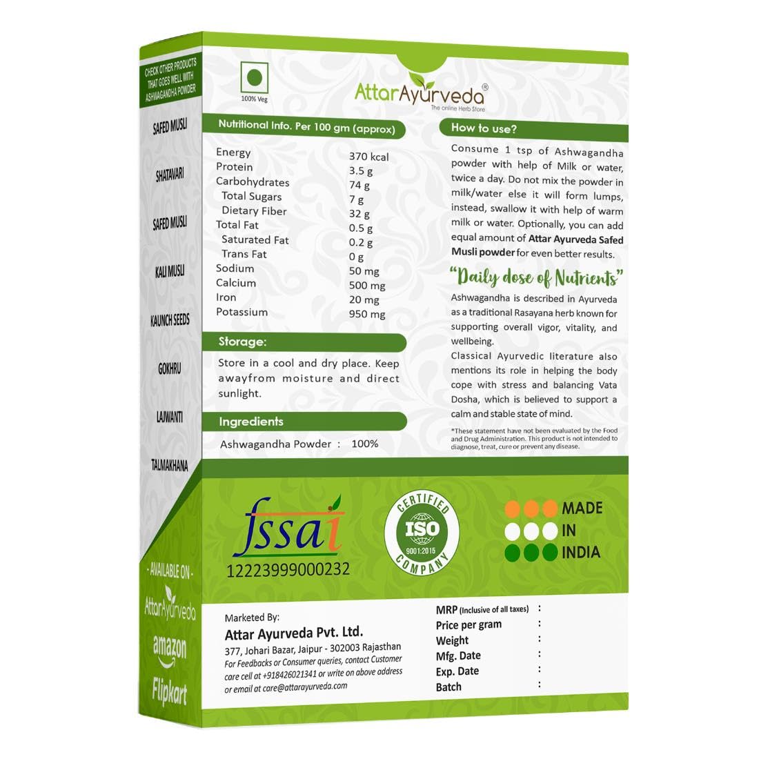 Attar Ayurveda Ashwagandha powder (100g) | Withania Somnifera | Helps fight anxiety and Stress and Improving vigor and vitality