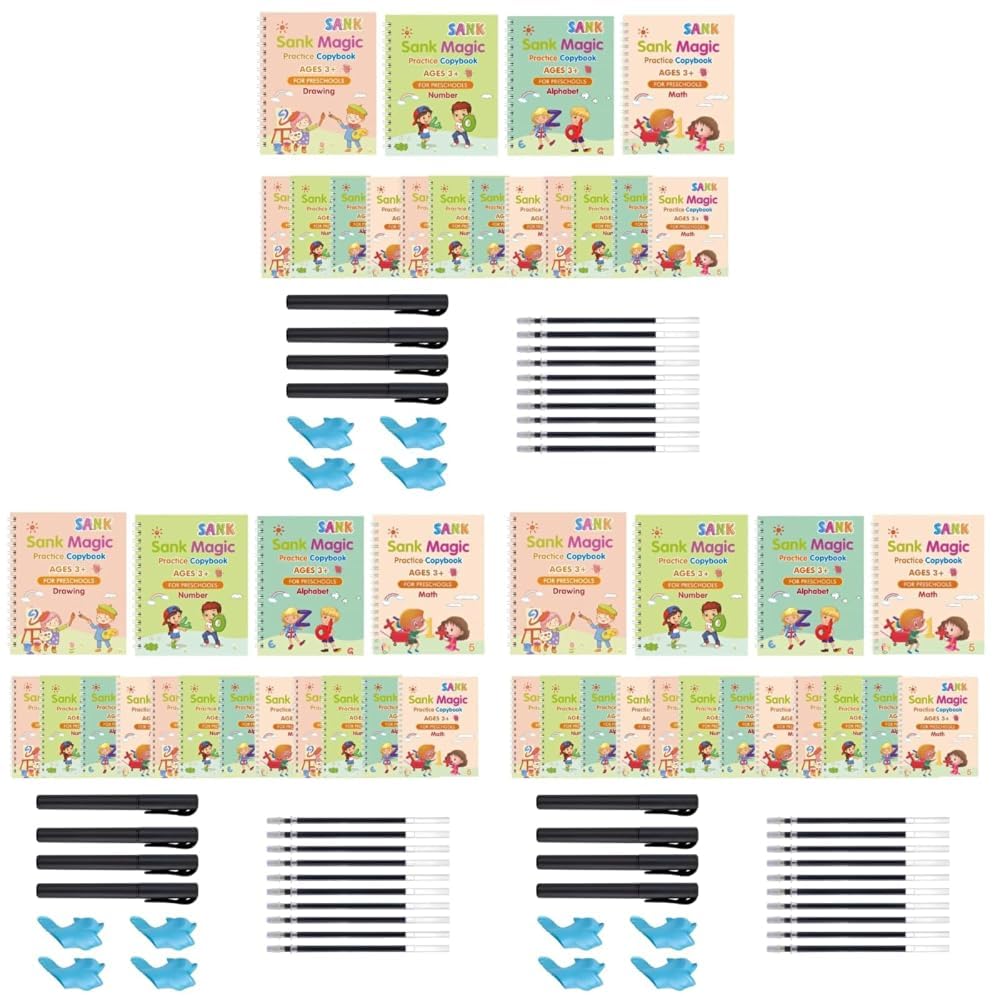 Toy Imagine Sank Magic Practice Copy Book Set for Kids (16 Books + 4 Pens + 4 Grips + 40 Refills) Reusable Numbers, Alphabets, Drawing & Math Books Ideal Birthday & Return Gift for Ages 3+ Years(12 Pack)