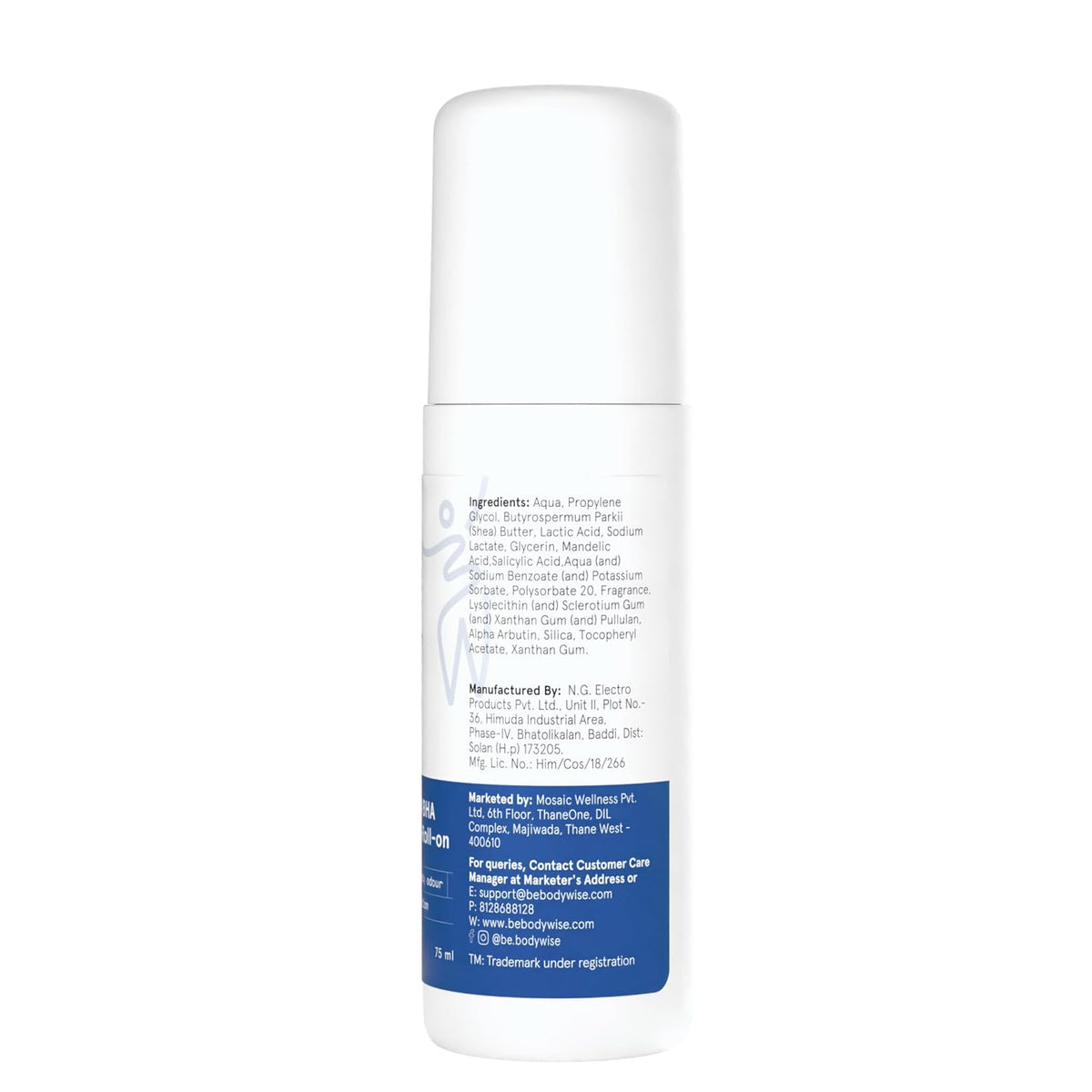 Be Bodywise 4% AHA BHA Underarm Roll-on for Even Tone Skin | 2% Lactic Acid, 1% Mandelic Acid & Salicylic Acid |Controls Odour & Reduces Pigmentation | 0% Alcohol & 0% Aluminium | Flora Fragrance,75ml