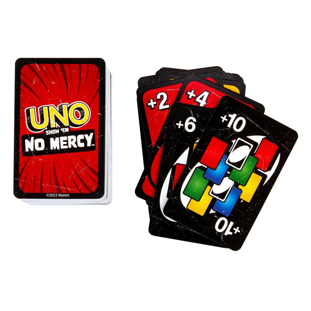 Mattel Games UNO Show ‘em No Mercy Card Game for Kids, Adults & Family Parties and Travel with Extra Cards, Special Rules and Tougher Penalties.
