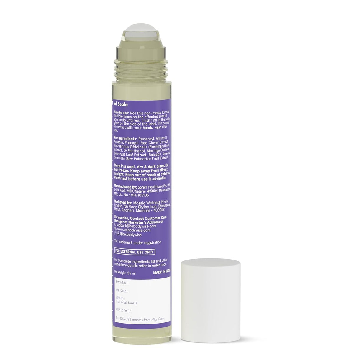 Be Bodywise Rosemary Hair Growth Roll-On Serum (25Ml) & Derma Roller,3% Redensyl,2% Aminexil & 2% Anagain For Thicker Hair Growth,0.5Mm Titanium Micro Needles For Better Follicle Stimulation - Grams