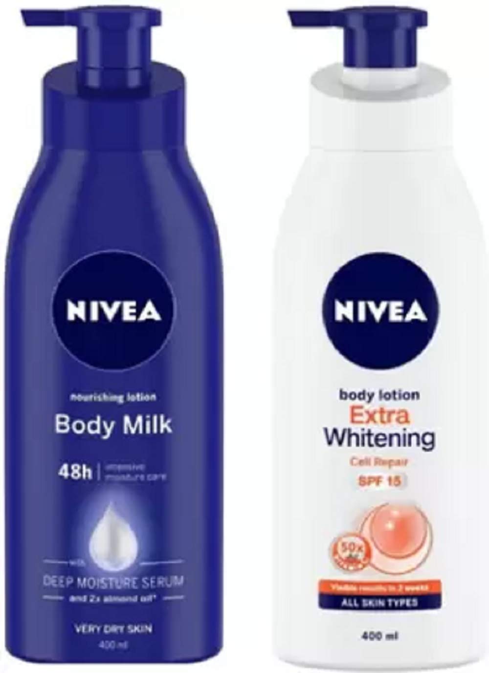 Nivea BODY MILK & ELXTRA WHITENING (2*400 ML) LOTIONS (800 ml)