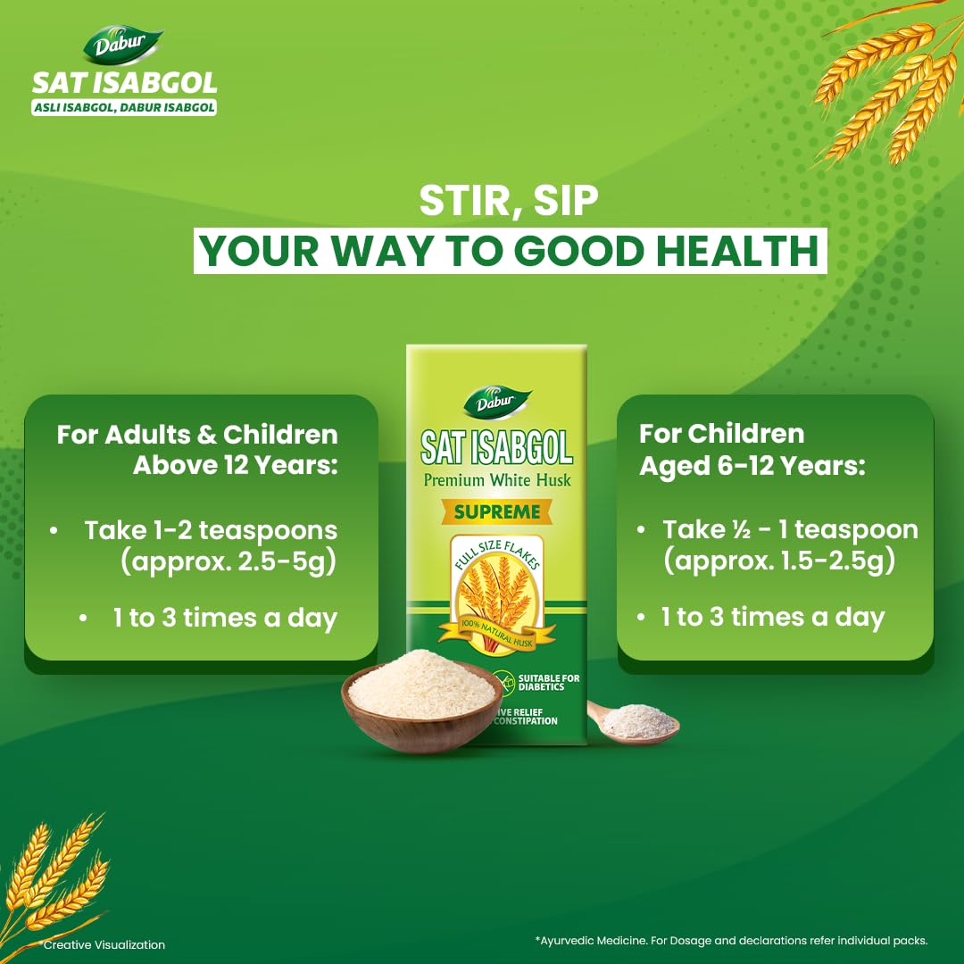 Dabur Sat Isabgol (Psyllium Husk) - 90g | Rich in Fiber | Provides Effective Relief from Constipation & Bloating | Promotes Bowel Health | Non-Habit Forming | 100% Ayurvedic