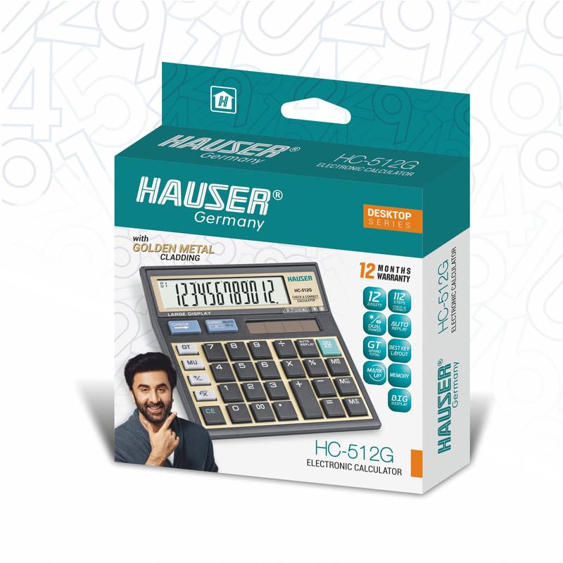 Hauser HC-512G Desktop Series Electronic Calculator | 12 Digits Calculator | Best Key Layout | Mark Up with GT Keys | Big Display & Memory | Dual Power | 112 Steps Check & Correct | Grey, Pack of 1