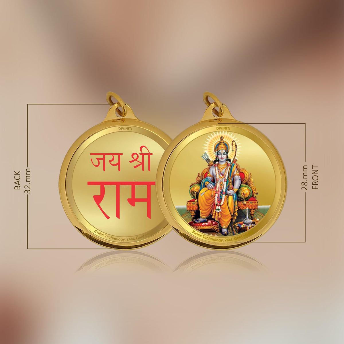 Diviniti 24K Gold Plated Ram Ji & Jai Shri Ram Pendant For Men, Women & Kids | 28 MM Double Sided Stylish Pendant Necklace For Girls | Divine God Pendant For Birthday Gift