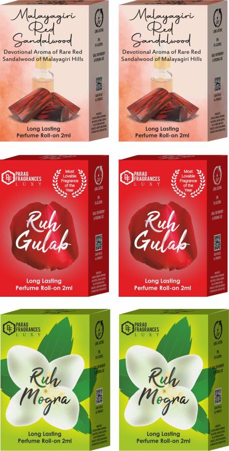 Parag Fragrances Malayagiri Red Sandalwood 2pc, Ruh Gulab 2pc, Ruh Mogra 2pc Attar Combo pack Alcohol Free & Long Lasting Attar For Personal and Religious Use 2ml x 2 pc Each (2ml New Series)