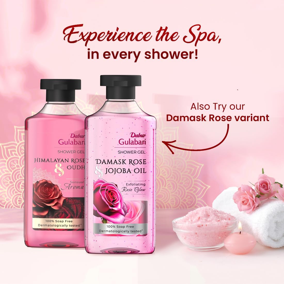 Dabur Gulabari Heavenly Rose & Oudh Shower Gel, 250 ml with Gulabari Damask Rose & Jojoba Shower Gel, 250 ml (Pack of 2)