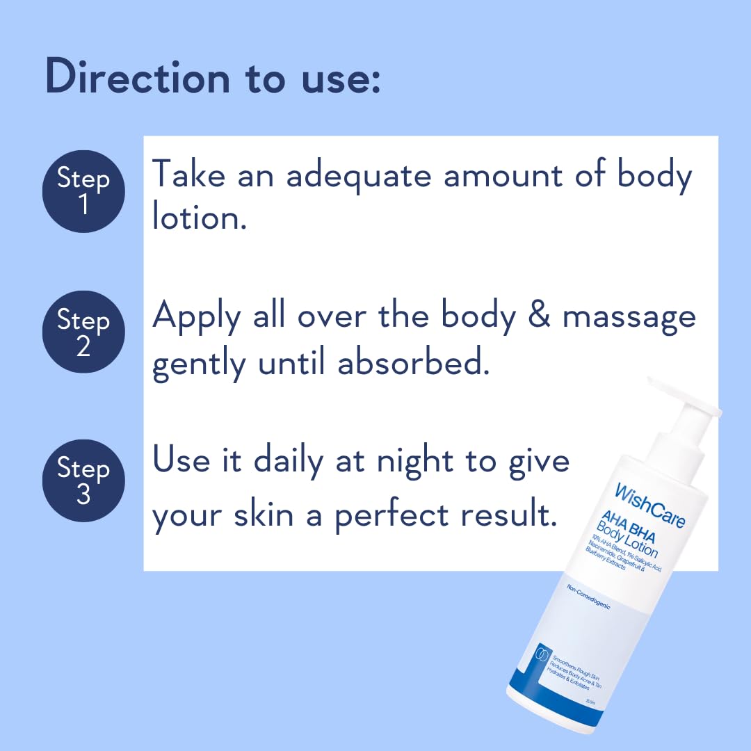 WishCare AHA BHA Body Lotion For Dry Skin | Provides Deep Hydration, Detans & Smooths Rough Skin | With 10% AHA & 1% BHA | Daily Use Body Lotion For Women & Men | 200ml