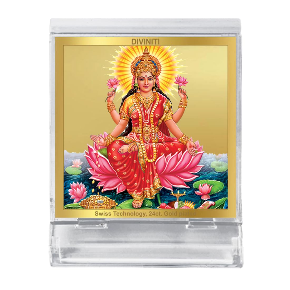DIVINITI Goddess Lakshmi Mata Photo Frame for Car Dashboard, Car Idol, Table Decor|ACF 3A Acrylic Car Frame with 24K Gold Plated Foil|Religious Frame For Pooja, Prayer and Gift (5.8X4.8 CM)