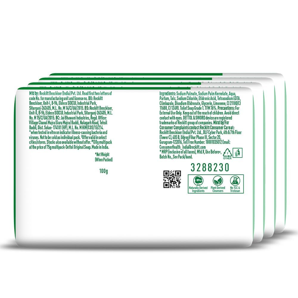 Dettol Original Bathing Soap Bar with 12 HR protective shield (400gm) | Kills 99.99% Germs, 100g (Pack of 4)