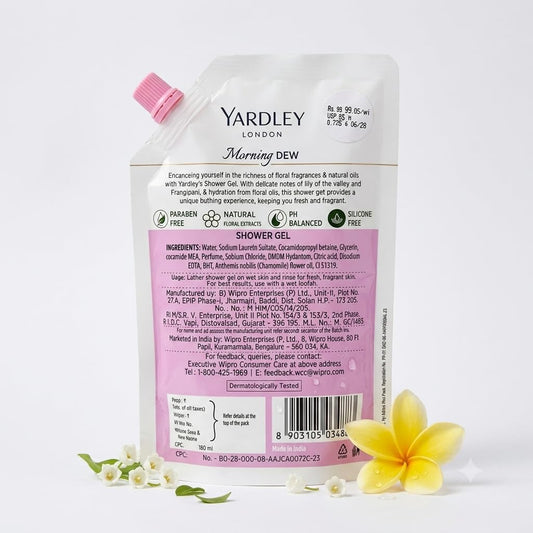 Yardley London Morning Dew Shower Gel for Women, Lily of the Valley & Frangipani, Refreshing Floral Body Wash, 180g