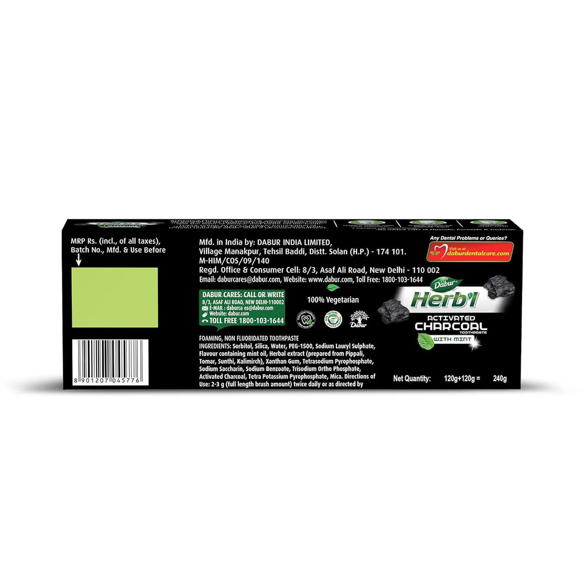 DABUR Herb'L Activated Charcoal Toothpaste 480G (120G x4, Pack of 4)|Whitening Black Gel Toothpaste|Fluoride Free|Fights Plaque & Extrinsic Stains|With Power of Mint|Cool & Refreshing Mouth Experience