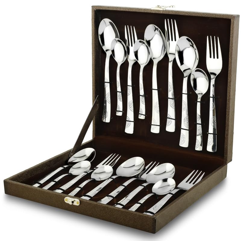 Parage 18 Pieces Premium Stainless Steel Cutlery Set, Home & Kitchen with Gift Box (6 Pieces Each Table Spoons, Table Forks & Tea Spoons) with Leatherite Box