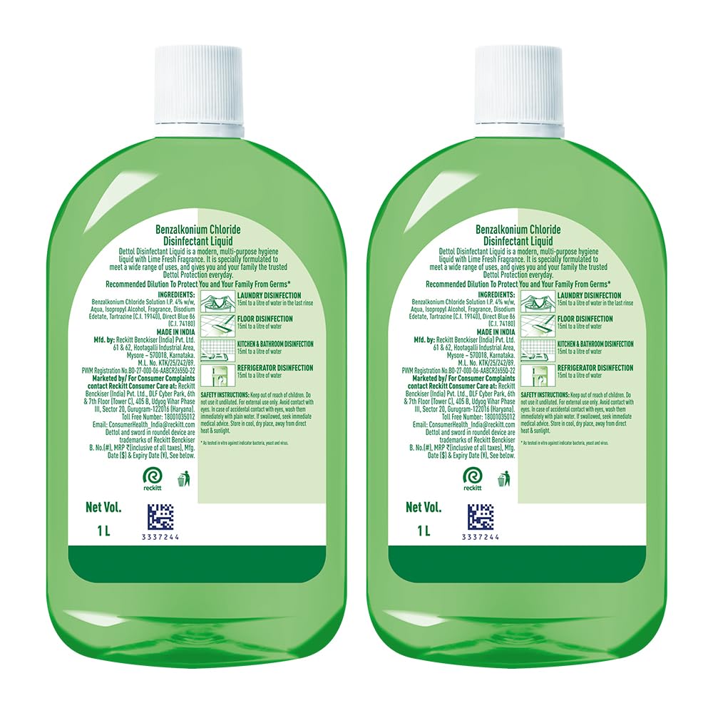 Dettol Multi-Purpose Disinfectant Liquid for Floor & Surface Cleaning, Lime Fresh Fragrance, 1L (Pack of 2)
