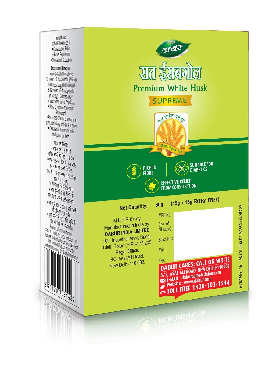 Dabur Sat Isabgol (Psyllium Husk) - 50g | Rich in Fiber | Provides Effective Relief from Constipation & Bloating | Promotes Bowel Health | Non-Habit Forming | 100% Ayurvedic