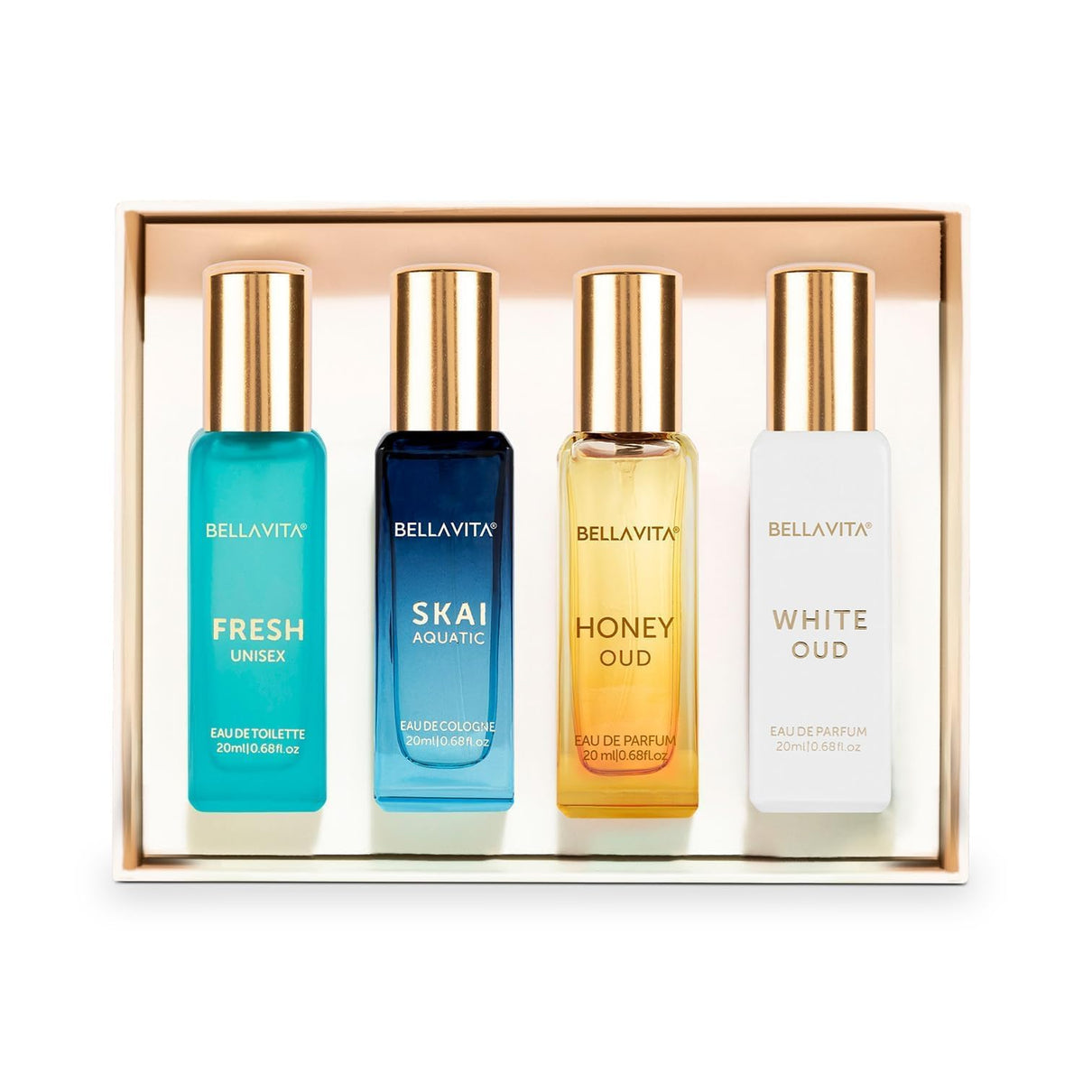 Bella Vita Luxury Long Lasting Unisex Perfume Gift Set|4x20ml (Pack of 2)|Perfume for Man & Woman|Woody, Aquatic, Sweet, Premium Fragrance Scent|SKAI, FRESH, WHITEOUD, HONEY OUD|Unisex Gifts