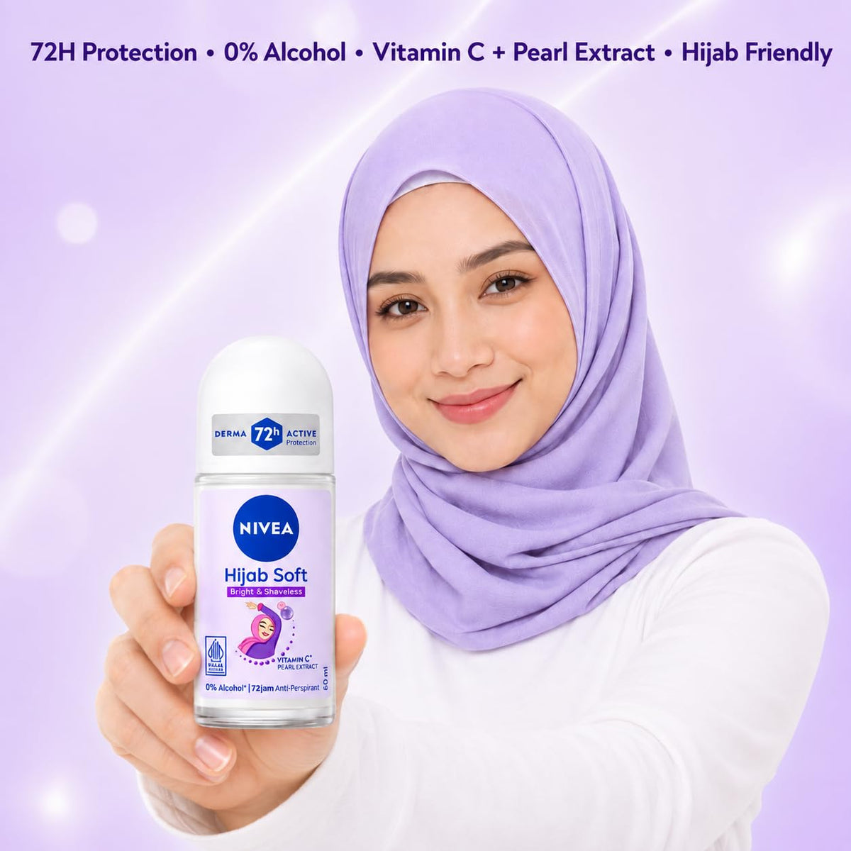 NIVEA Hijab Soft Bright & Shaveless Anti-Perspirant Roll-On for Women, 72H Protection, Vitamin C & Pearl Extract, 0% Alcohol, 50 ml