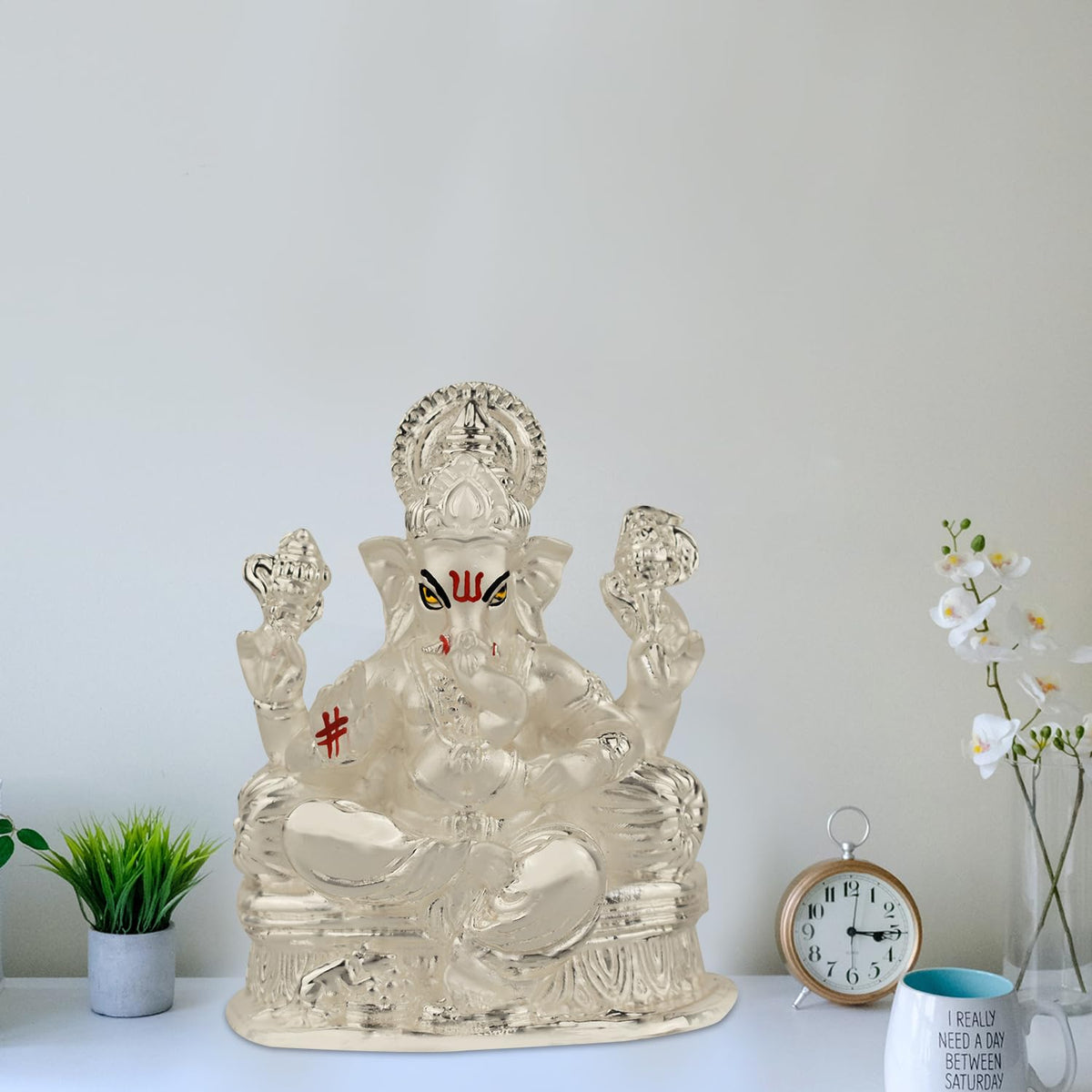 DIVINITI Ganesha Idol for Home Decor Showpiece 999 Silver Plated Statue of Lord Ganesha for Tabletop Murti for Puja Room, Festival Gift Ganpati Figurine for Prosperity, Good Luck (8 X 7 CM)