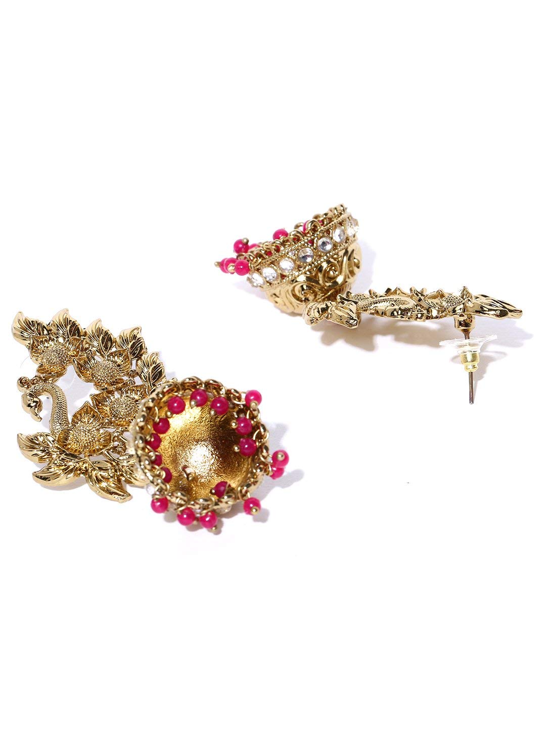 Priyaasi Gold-Plated Peacock Inspired Jhumka Drop Earrings with Pink Beads Drop