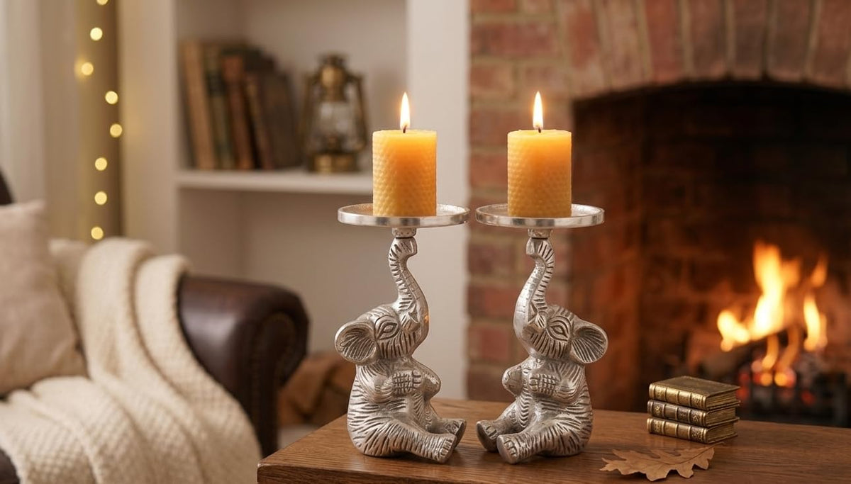 KridayKraft Elephant Candle Holders Set of 2 Pcs- Decorative Cast Aluminum Figurine Pillar Stands - Lucky Elephant Statues for Home Decor, Living Room, Gifting - Raised Trunk Design
