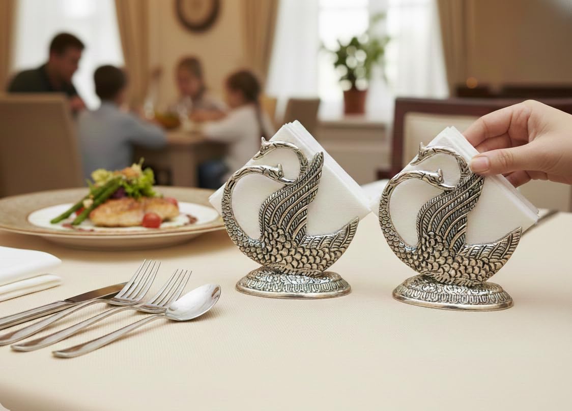 Kridaykraft Elegant Silver Swan Napkin Holder - Decorative Metal Tissue Paper Stand for Dining Table, Kitchen, Bedroom & Bathroom - Luxury Restaurant Style Vertical Serviette Organizer (10x8 cm)