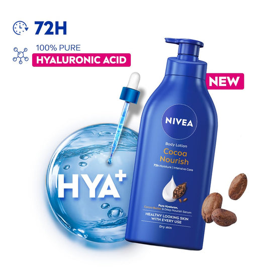 NIVEA Cocoa Nourish Body Lotion for Men & Women with Cocoa Butter, Hyaluronic Acid & Vitamin E Moisturizer for Dry Skin, Deep Nourish Serum Body Cream 72H Moisturiser, Non Greasy Face Cream 600ml