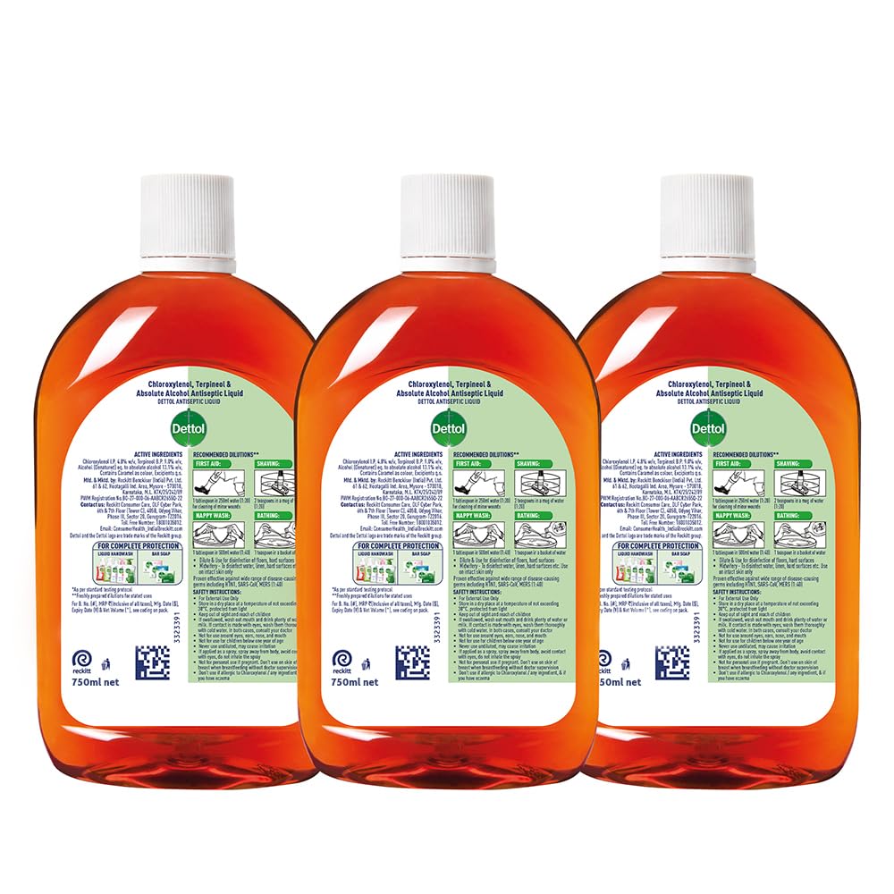 Dettol Antiseptic Liquid for First Aid, Surface Disinfection and Personal Hygiene 750ml (Pack of 3)