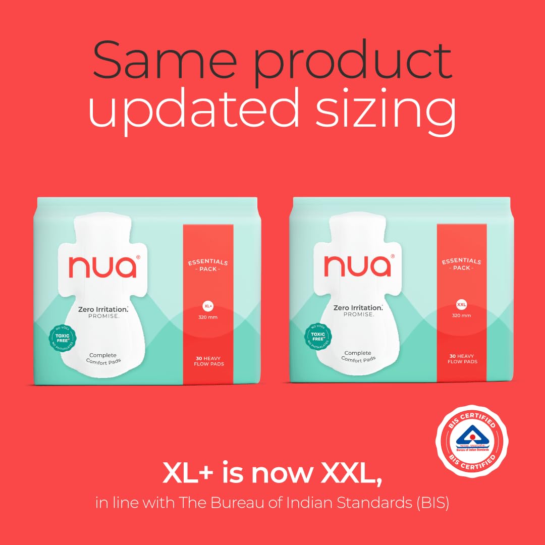 Nua Complete Comfort Sanitary Pads for Women XXL | Pack of 30 | Heavy Flow Pads | Super Saver | Zero Irritation Promise | Comfortable All-Day Protection | Ultra-Thin | Super Absorbent | No rashes | 50% Wider Back | 100% Toxic-Free, Dermatologically Tested | Essentials Pack