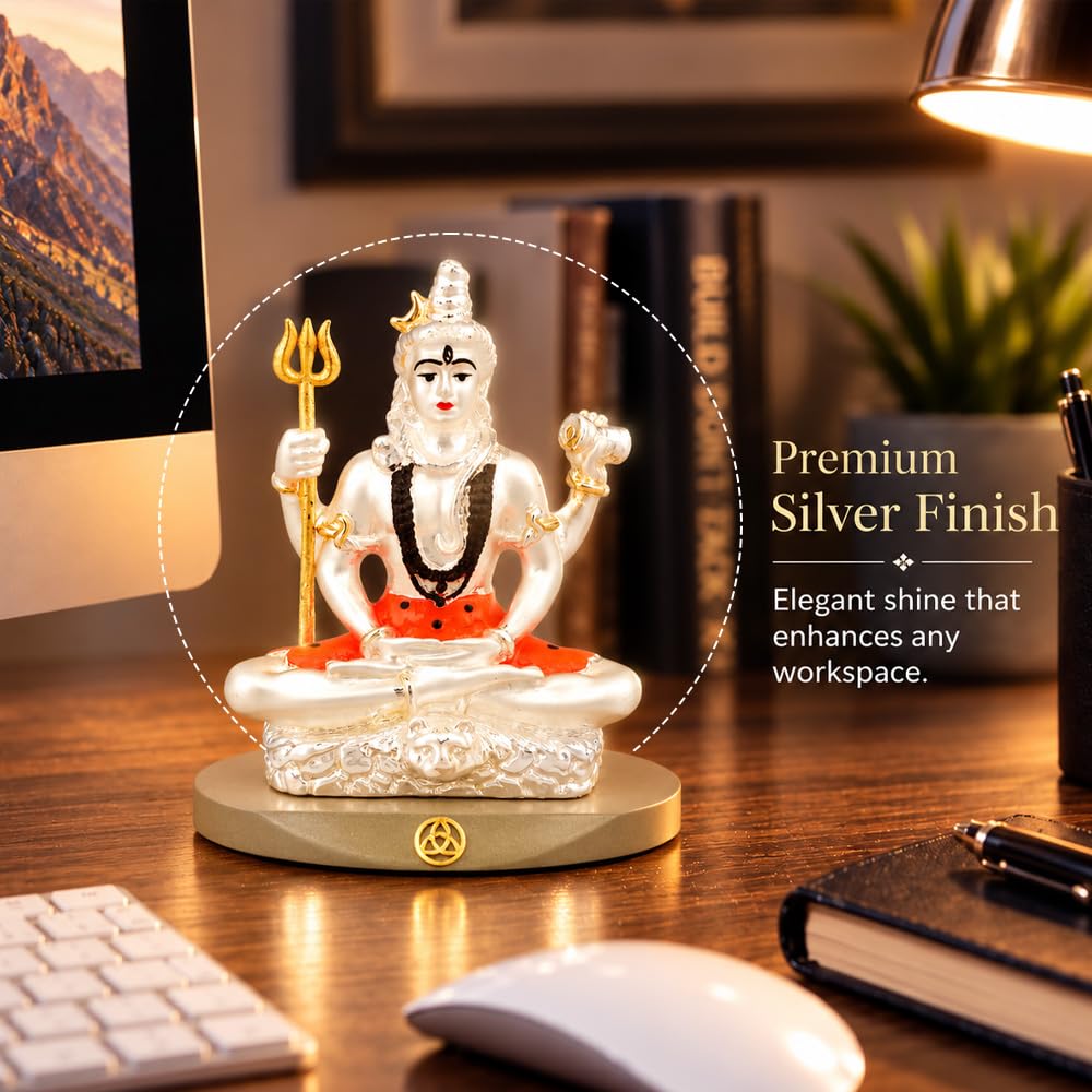DIVINITI 999 Silver-Plated Lord Shiva Idol with Gold Accents | Mahadev Murti for Home, Office & Puja Mandir | Diwali, Mahashivratri & Housewarming Gift with Premium Gift Box | 8 x 7 CM