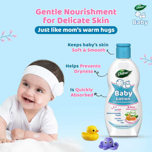 Dabur Baby Lotion: pH 5.5 Balanced for baby skin | No Harmful Chemicals | Contains Aloe Vera, Licorice and Almonds | Hypoallergenic and Dermatologically Tested | No Paraben and Phthalates - 200 ml
