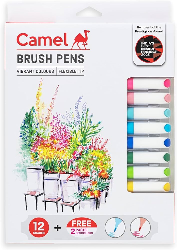 Camel Camlin Brush Pens – 12 + 2 Shades (Pack of 1-14 Shades) | Flexible Brush Tip, Smooth Ink Flow, Ideal for Calligraphy, Doodling & Art Work - Total 14 Shades Pack