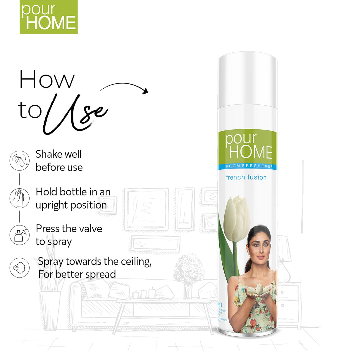 POUR HOME French Fusion Room Air Freshener - 220ML | Long-Lasting Fragrance - Reduces Odours - Suitable for Home & Office