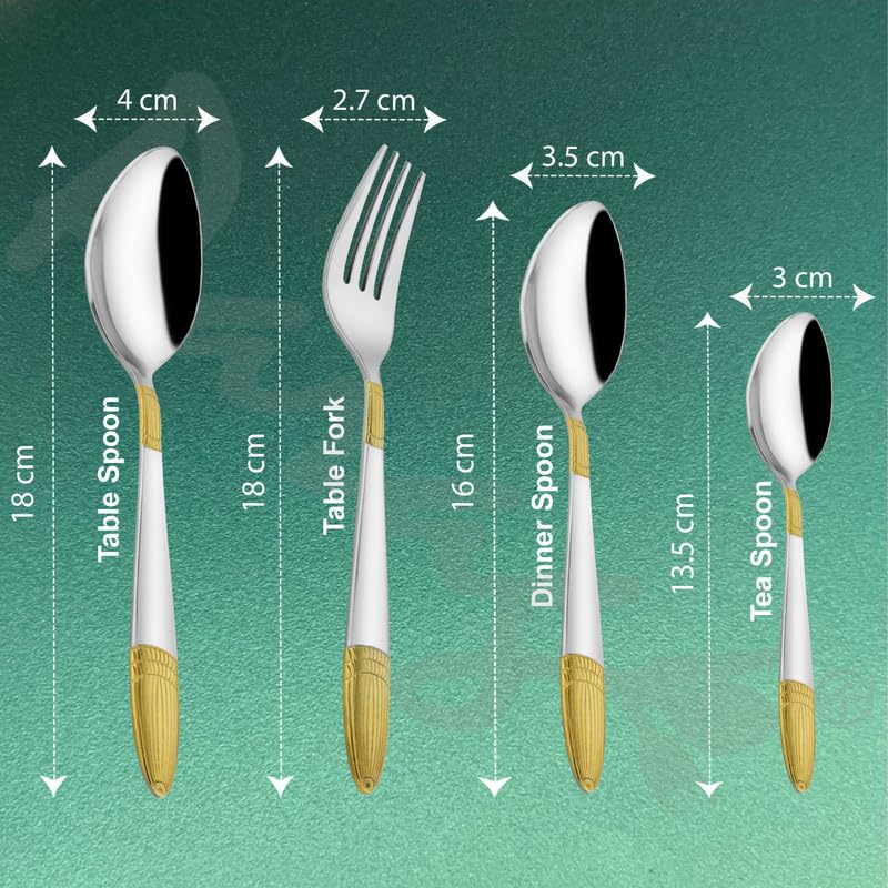 Parage 25 Pieces Ivory Gold Stainless Steel Cutlery Set with Stand (Contains: 6 Table Fork, 6 Table Spoon, 6 Dinner Spoon, 6 Tea Spoon, 1 Cutlery Stand) 24 Karat 24k Golden Plated Spoon Set (Ivory)