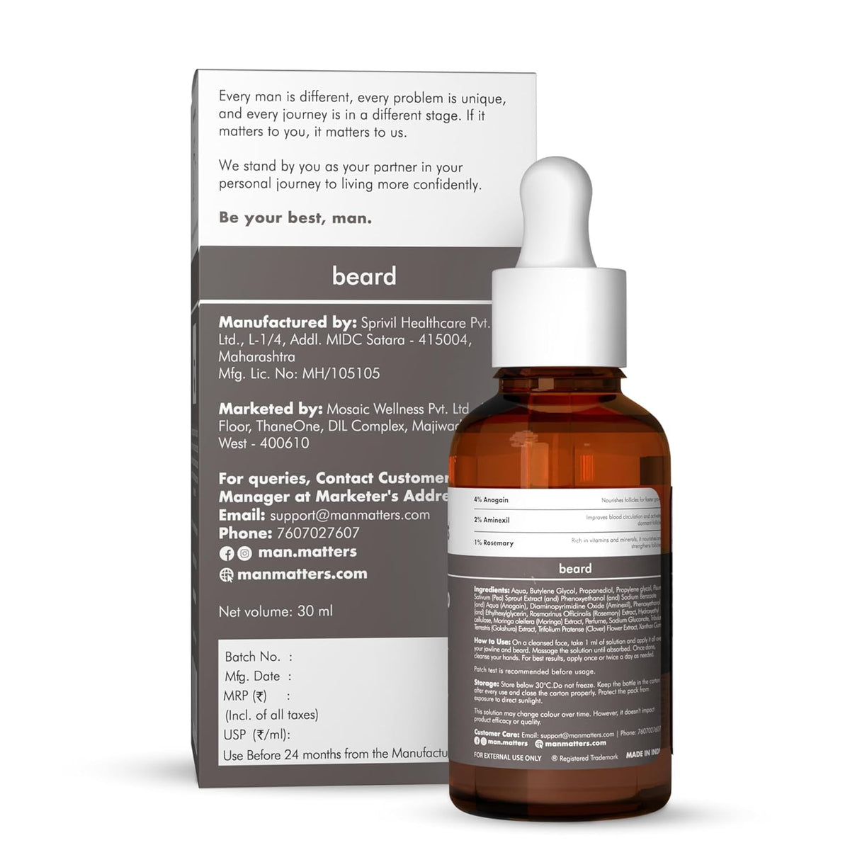 Man Matters BeardGro Beard Growth Serum for Men 30ml | 4% Anagain, 1% Rosemary, 2% Aminexil | Promotes Thicker Beard Growth, Reduces Patchy Beard , Fast Absorption and Lightweight | Pack of 2