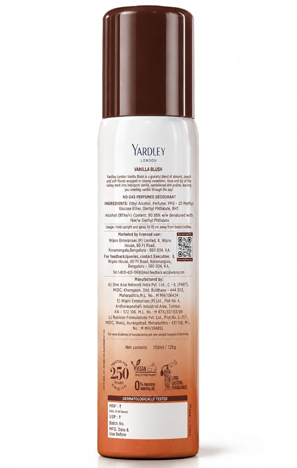 Yardley London Vanilla Blush No Gas Perfumed Deodorant | No Gas Deo for Women | 90% Naturally Derived | 800 Sprays | 150ml