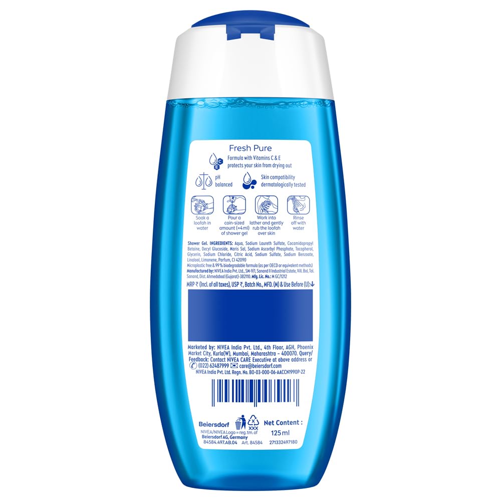NIVEA Fresh Pure Refreshing Body Wash with Sea Minerals for Fresh, Clean Skin, Pure Glycerin, Vitamins C & E and Care Oil for Lasting Moisture, Shower Gel for Soft & Healthy & Moisturized Skin, 125 ml