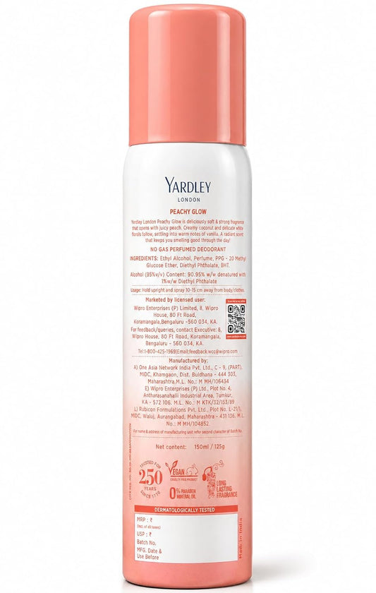 Yardley London Peachy Glow No Gas Perfumed Deodorant | No Gas Deo for Women | 90% Naturally Derived | 800 Sprays | 150ml