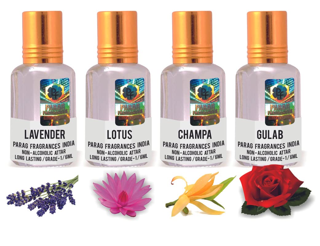 Parag Fragrances 4 in 1 Real, Natural & Long Lasting Attar Combo (Lavender/Lotus/Champa/Gulab)