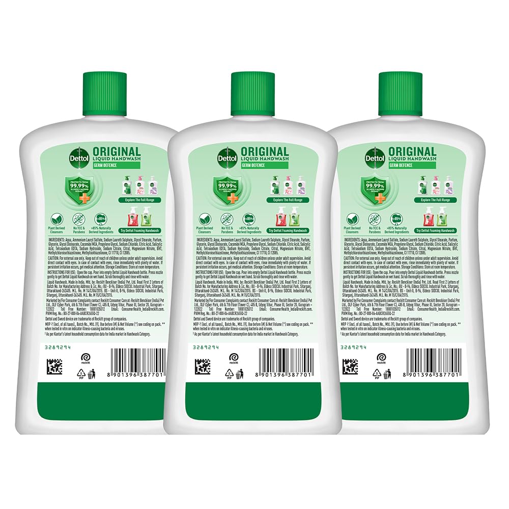 Dettol Liquid Handwash Bottle - Original Hand Wash- 875ml (Pack of 3) | Germ Defence Formula | 10x Better Germ Protection