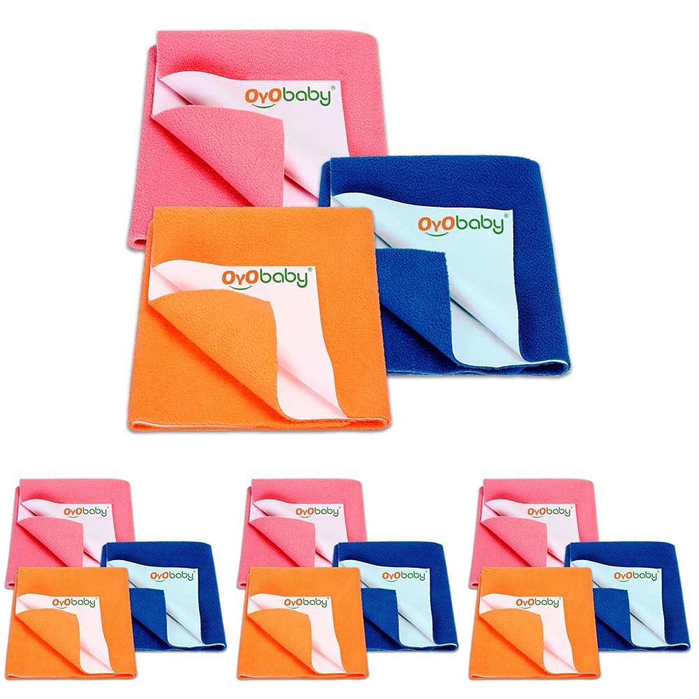 OYO BABY Anti-Piling Fleece Extra Absorbent Instant Dry Sheet for Baby, Baby Bed Protector, Waterproof Sheet, Small Size 50x70cm, Pack of 12, Salmon Rose, Royal Blue & Peach