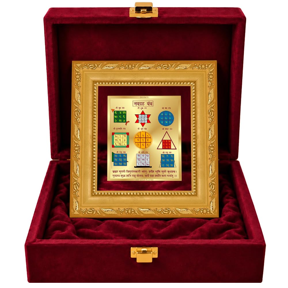 DIVINITI Siddh Energised Navagraha Yantra | 24k Gold Plated Foil Planetary Harmony Vastu Frame for Home, Office & Puja Room | Premium Gift Box | Spiritual Yantra for Planetary Balance, Peace & Prosperity | 12 X 11 CM