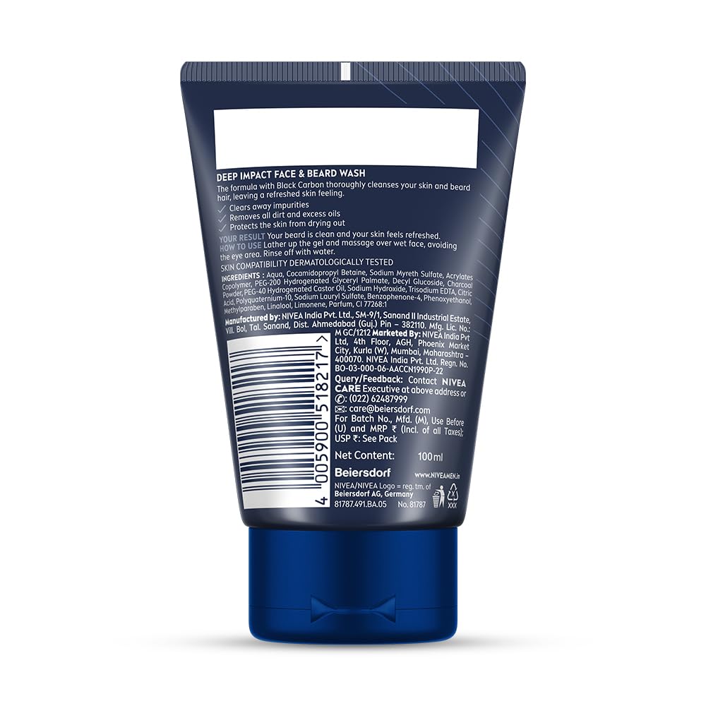 NIVEA MEN Deep Impact Face Wash 100g | With Black Carbon | Intense Clean, For Beard & Face | Removes Oil and Impurities