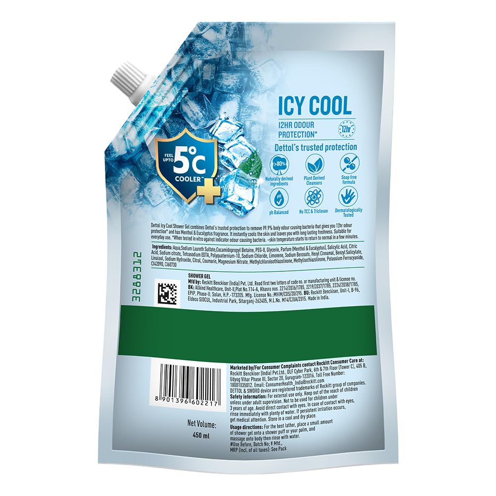 Dettol Body Wash and Shower Gel for Women and Men, Cool- 450ml | Soap-Free Bodywash | 12h Complete Odour Protection