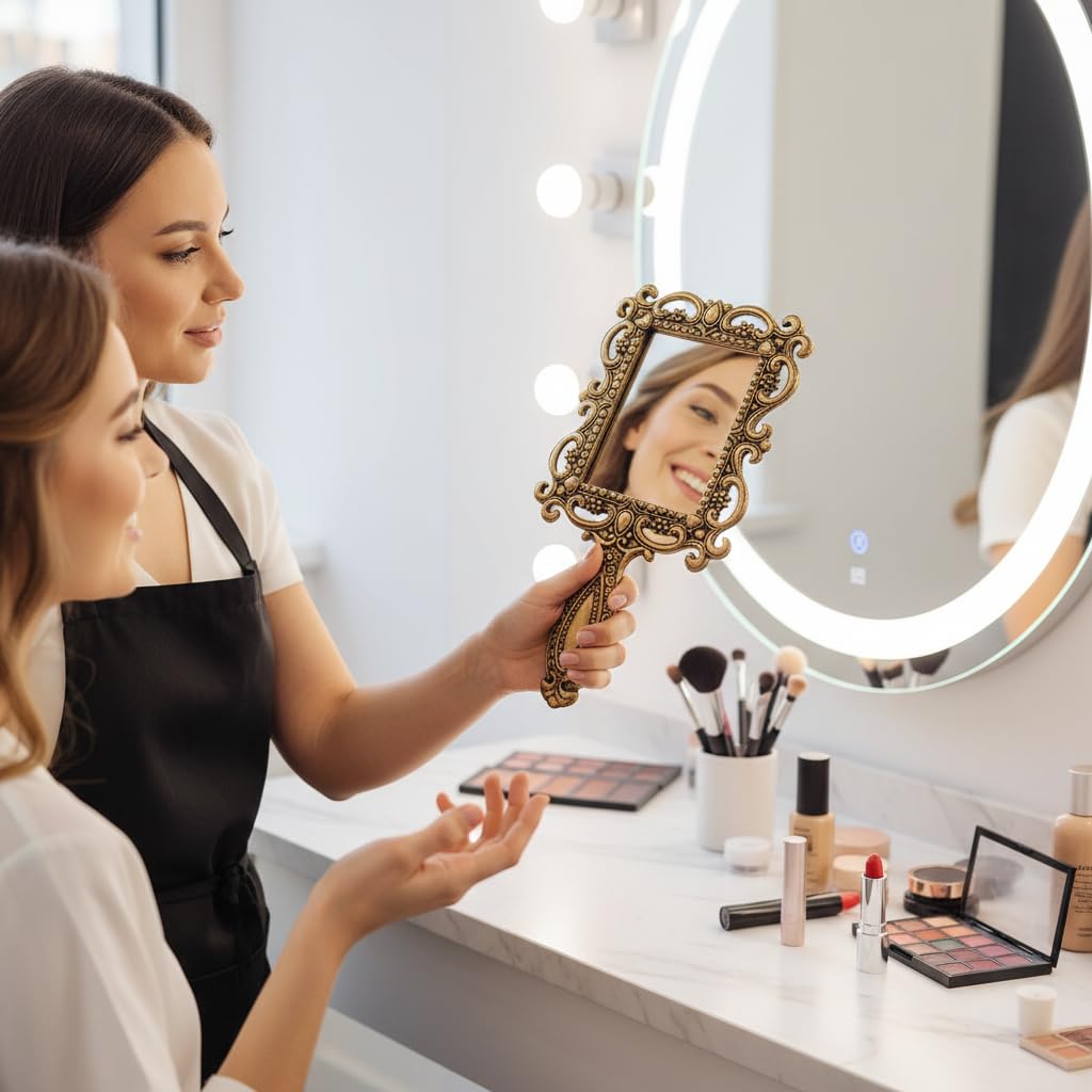 KridayKraft Beautifully Carved Square Shape Gold Plating Metal Hand Mirror for Makeup, Travelling, Salon Mirror & Decorative Antique Item, framed